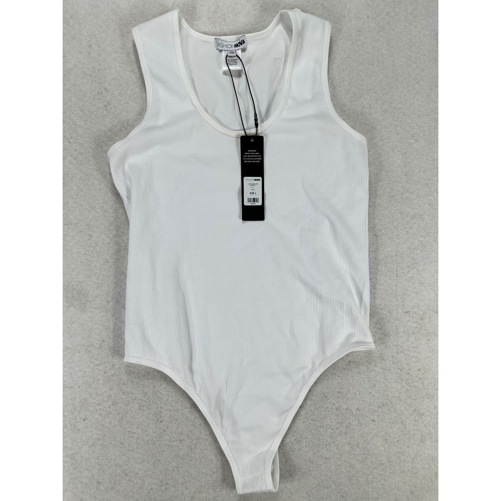 Fashion Nova White Ribbed Sleeveless Bodysuit Scoop Neck Large NWT